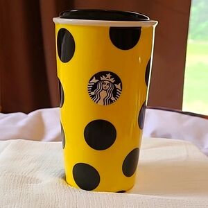 2015 STARBUCKS Yellow & Black Dot Ceramic Travel Mug